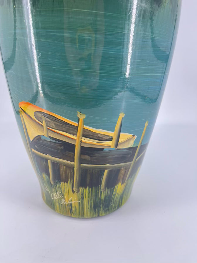ABBY GELINA Green & Yellow Painted Boat Scene Vase