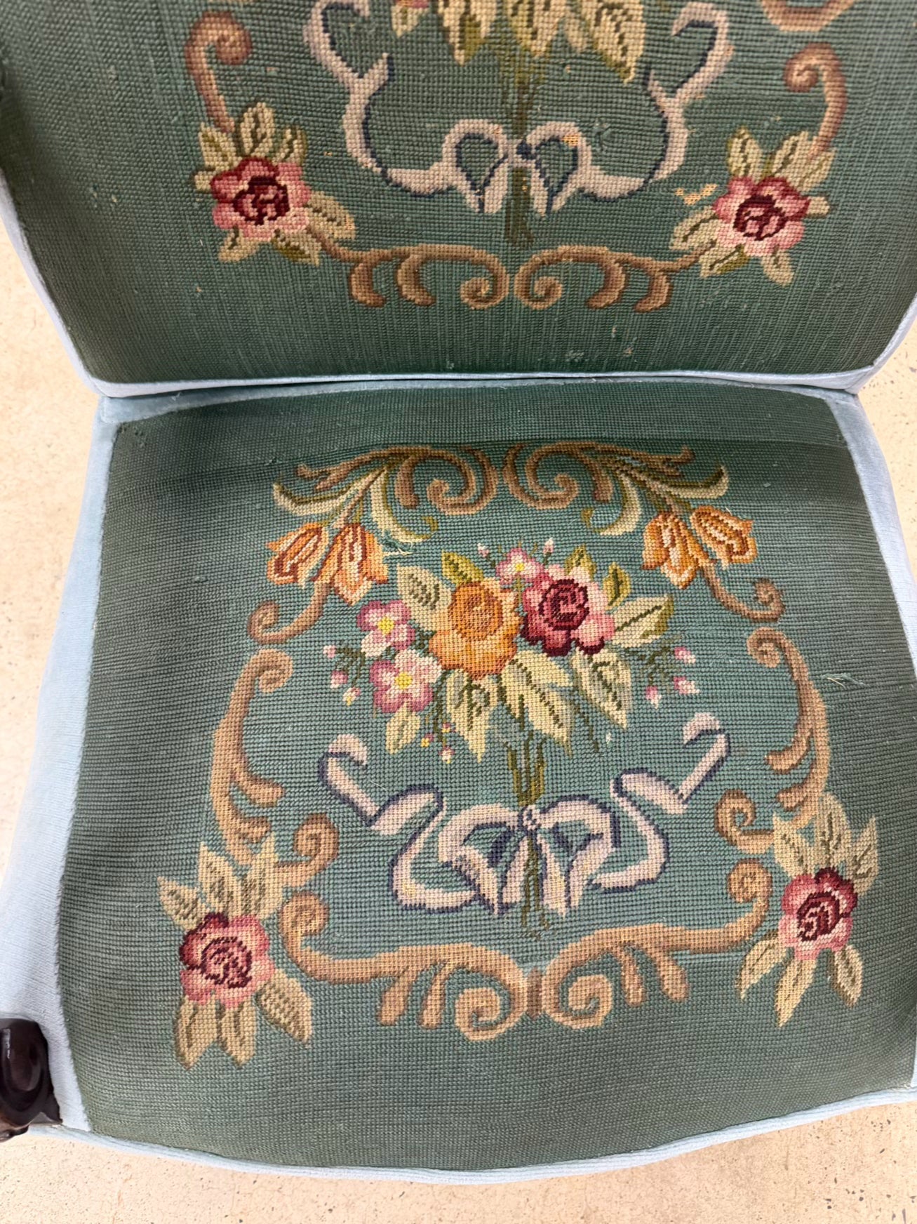 Blue & Pink Wood Queen Ann Chair w/ Needlework