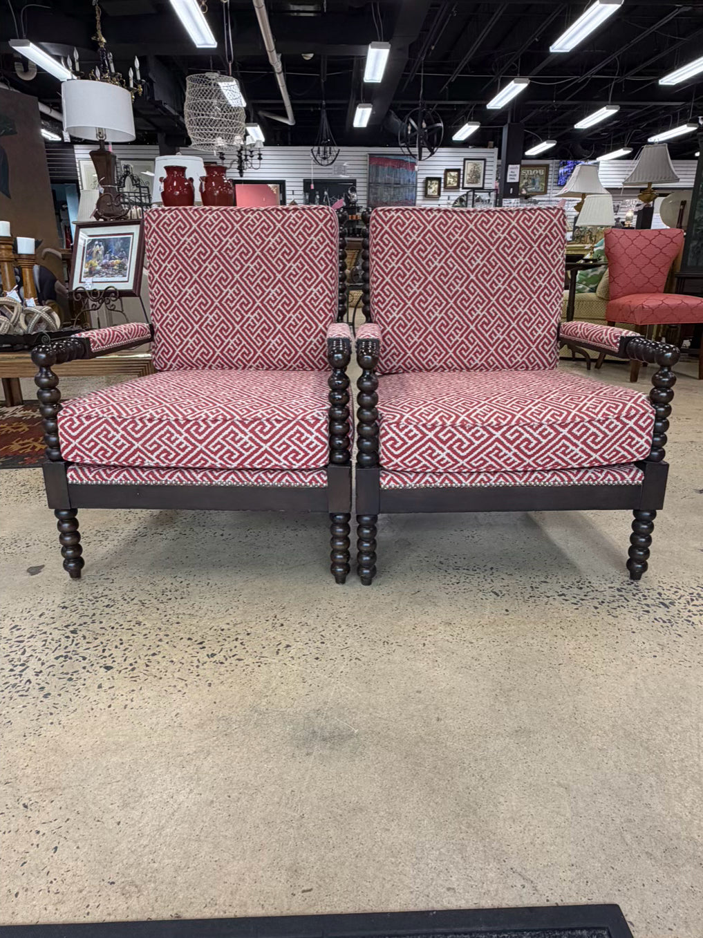 Wood Spindle Pair Of Chairs w/ Rust & White Fabric