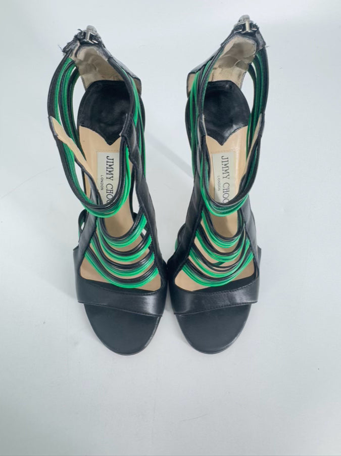 JIMMY CHOO Size 37.5 Green & Black Leather Strappy Pumps