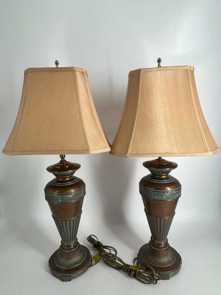 Gold & Aqua Metal Pair of Lamps w/ Shades