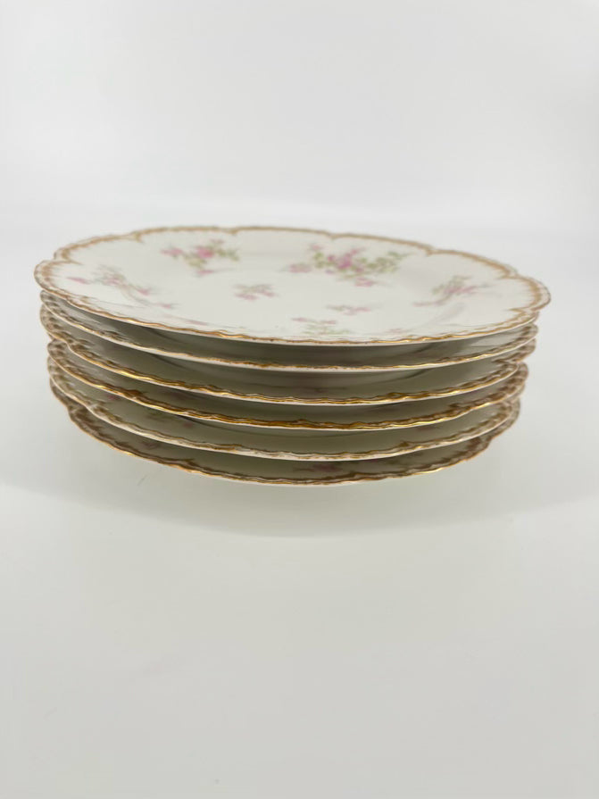 LIMOGES Pink Flowers W/ Gold Trim Set of 6 Plates