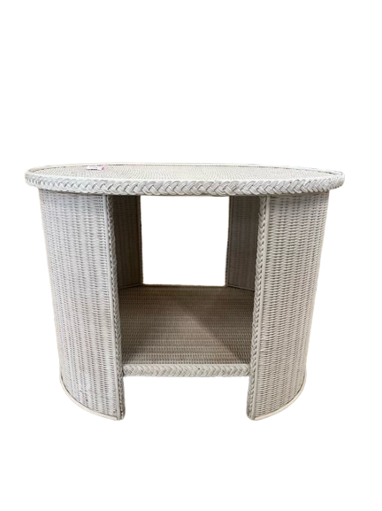 VINTAGE White Wicker Oval End Table w/ Open Shelf