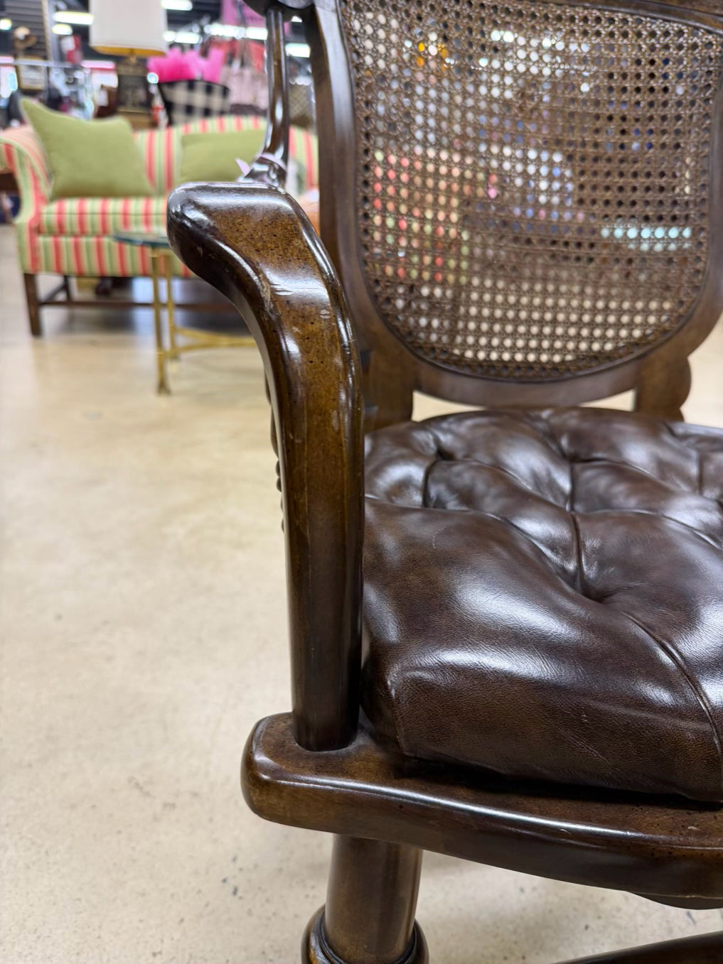 CENTURY Wood Captain Cane Back Chair w/ Brown Leather Seat