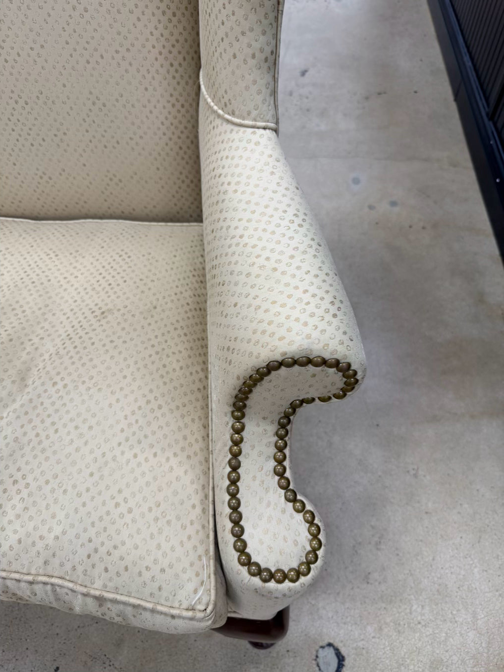 VINTAGE Queen Ann Ivory Pair Of Wingback Chairs w/ Nail Head Detail
