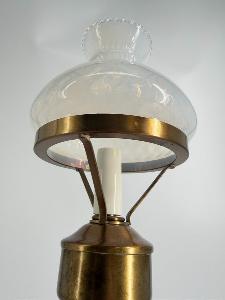 VINTAGE Mid-Century Brass Hurricane Pair Of Lamps w/ White Swirl Glass Globes