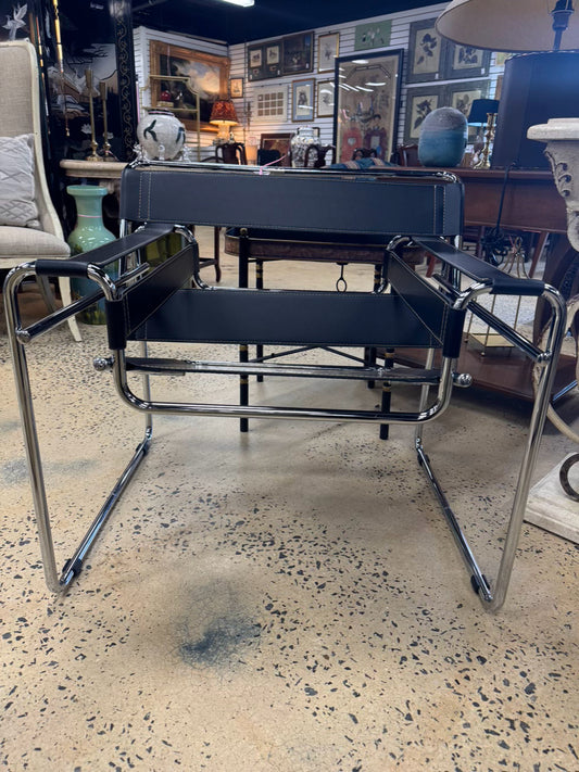 Silver & Black Metal & Faux Leather Mid Century Modern Chair