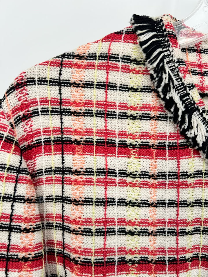 ST JOHN Size L Coral & Black Knit Fringe Jacket
