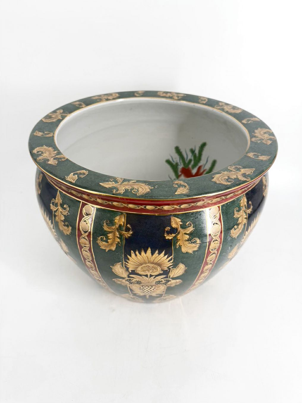 Green, White & Gold Porcelain Fish Bowl Oriental Planter