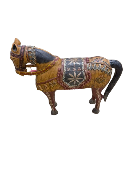 Gold, Red & Black Painted Wood Carved  Horse Figure