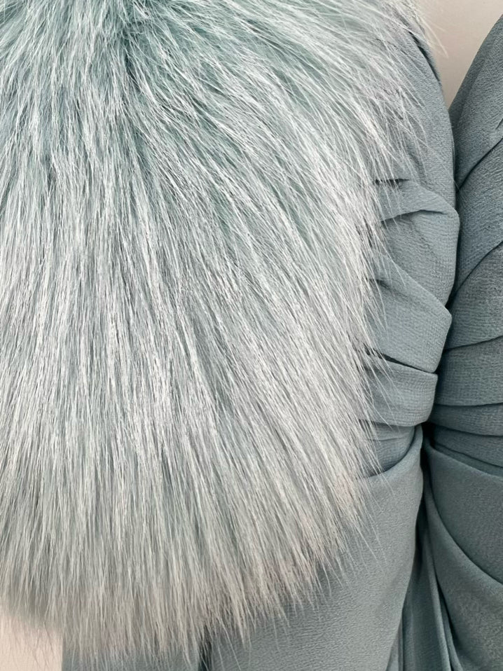 BELLVILLE SASSOON by LORCAN MULLANY Size 10 Ice Blue Fox Fur Silk Evening Gown