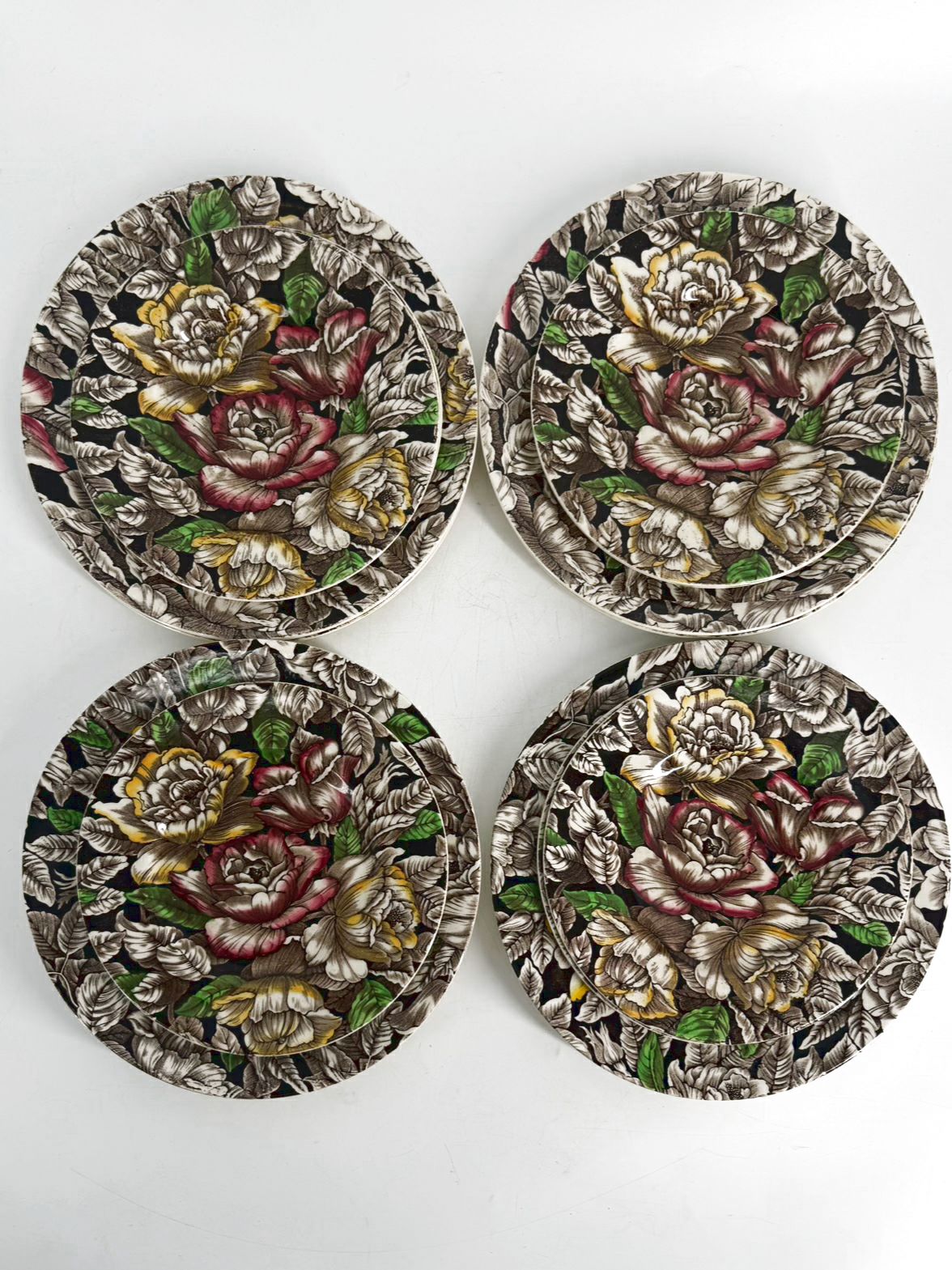 STAFFORDSHIRE Brown, Pink & Green Transferware Dinnerware Setting For 8 w/ 8 Salad Plates
