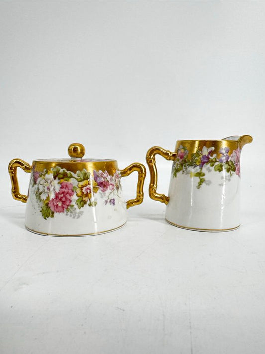 LIMOGES Pink, Purple & Gold Floral Porcelain Cream & Sugar
