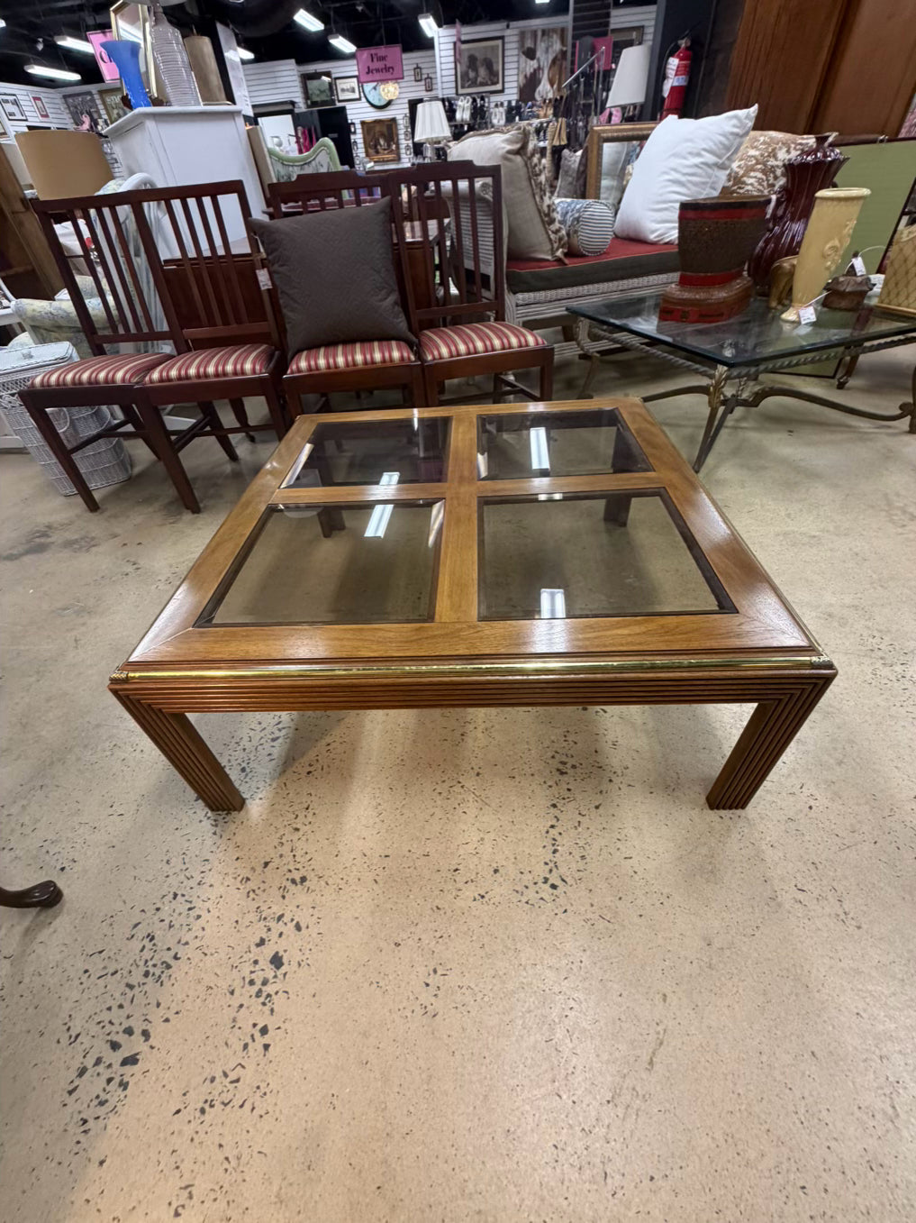 HOLLYWOOD REGENCY Medium Brown Wood & Glass Coffee Table w/ Brass Accents