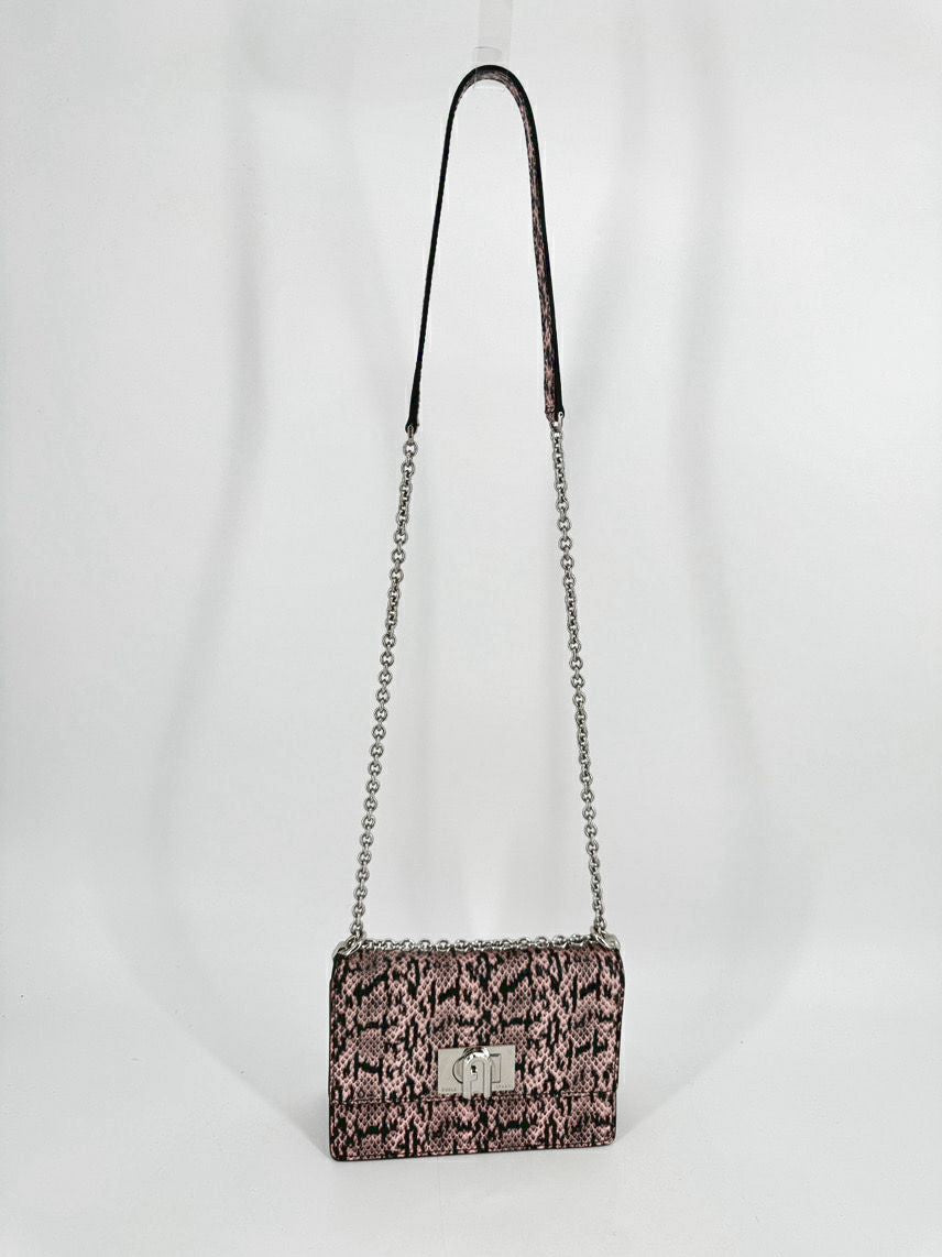 FURLA Pink & Black Snakeskin Print Leather Crossbody Bag