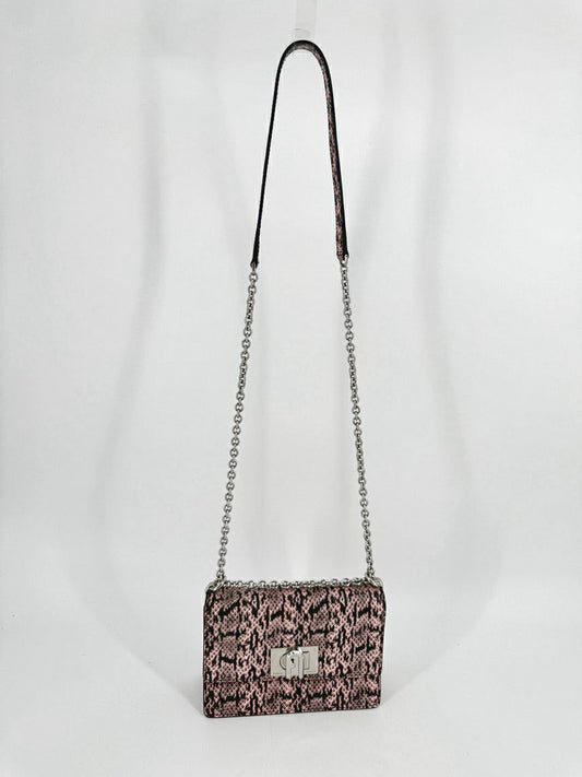 FURLA Pink & Black Snakeskin Print Leather Crossbody Bag