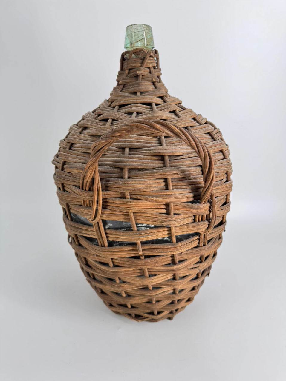 VINTAGE Brown & Green Wicker & Glass Wine Bottle Woven Carrier