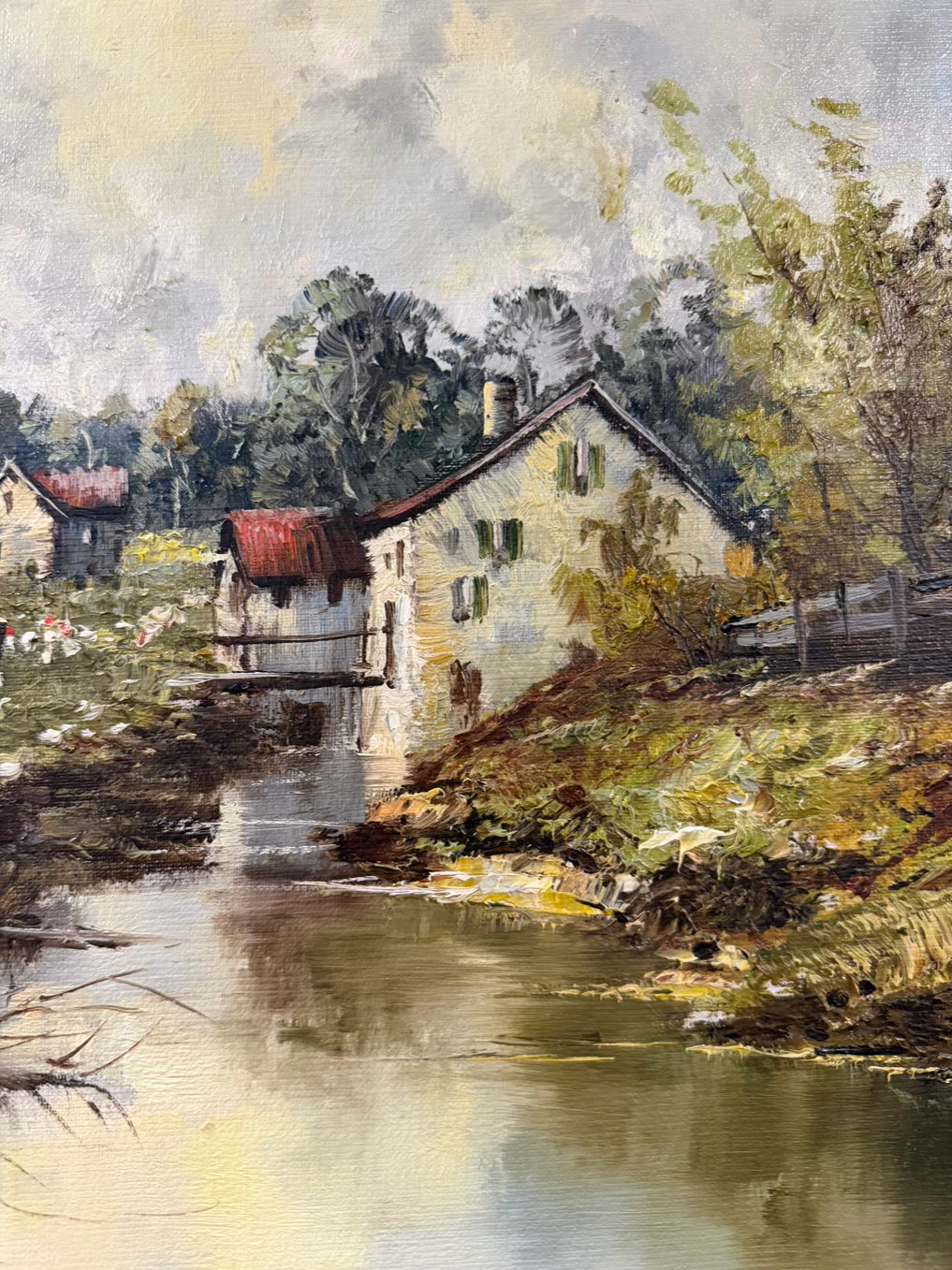 SIGNED Rural Country Landscape Painting In White Wash Vintage Frame