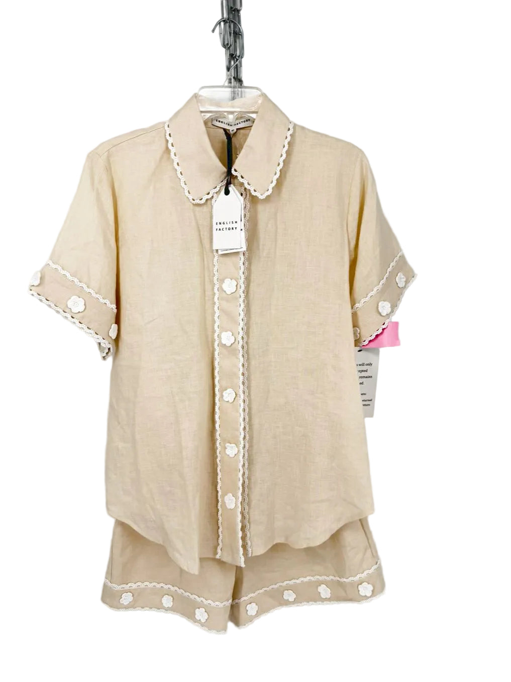 ENGLISH FACTORY Wmn's Size XS Beige & White Linen Floral Applique Shorts 2 Piece Set NWT