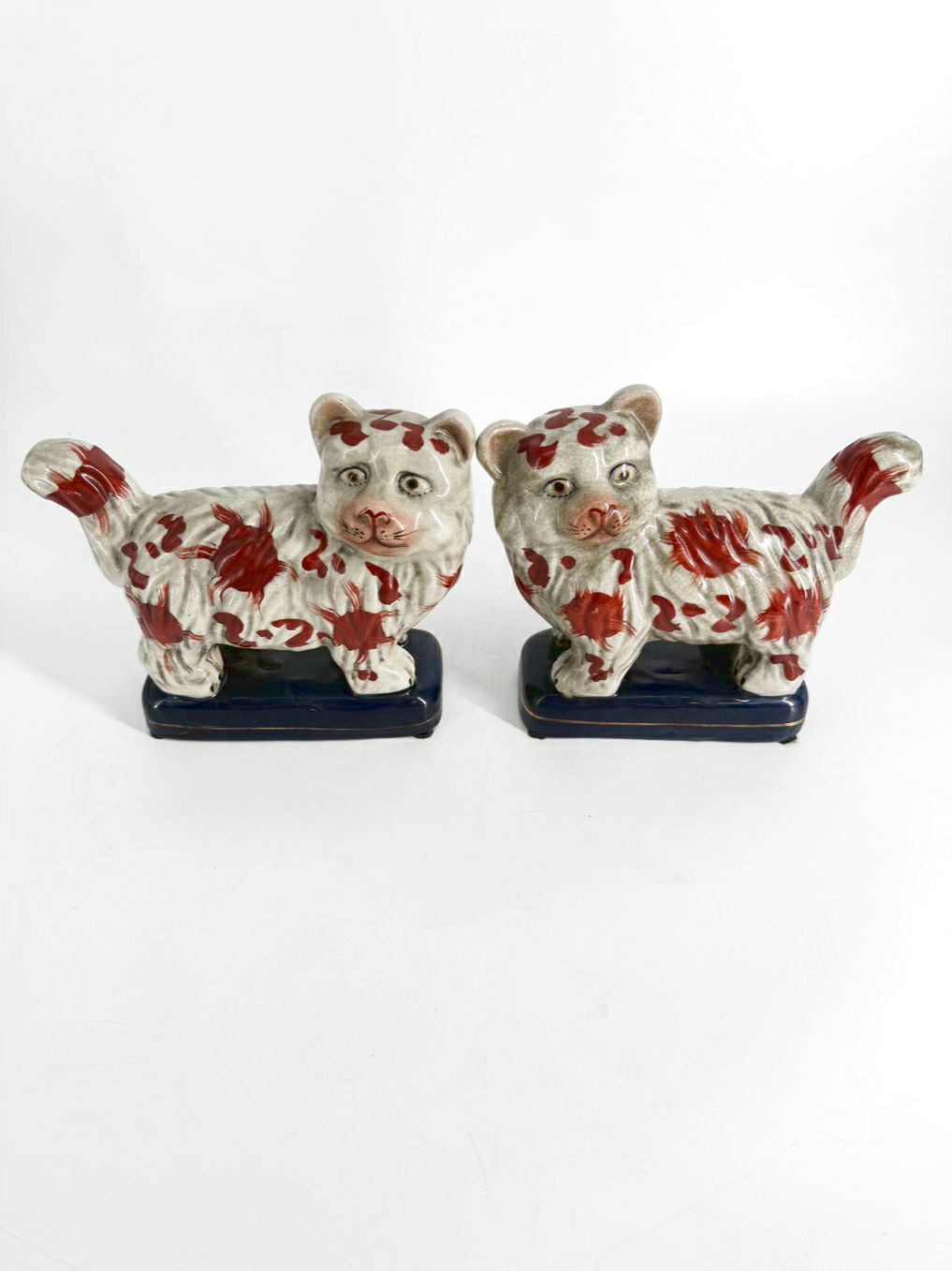 Rust, Cream & Navy Staffordshire Style Porcelain Pair of Cat Figurines
