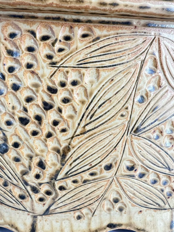 SIGNED Gold & Tan Pottery Vase w/Handles