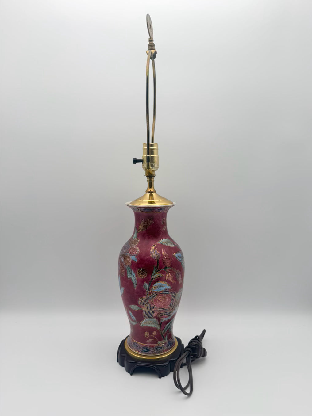Burgundy & Blue Porcelain Jar Asian Inspired Lamp On Brown Wooden Base