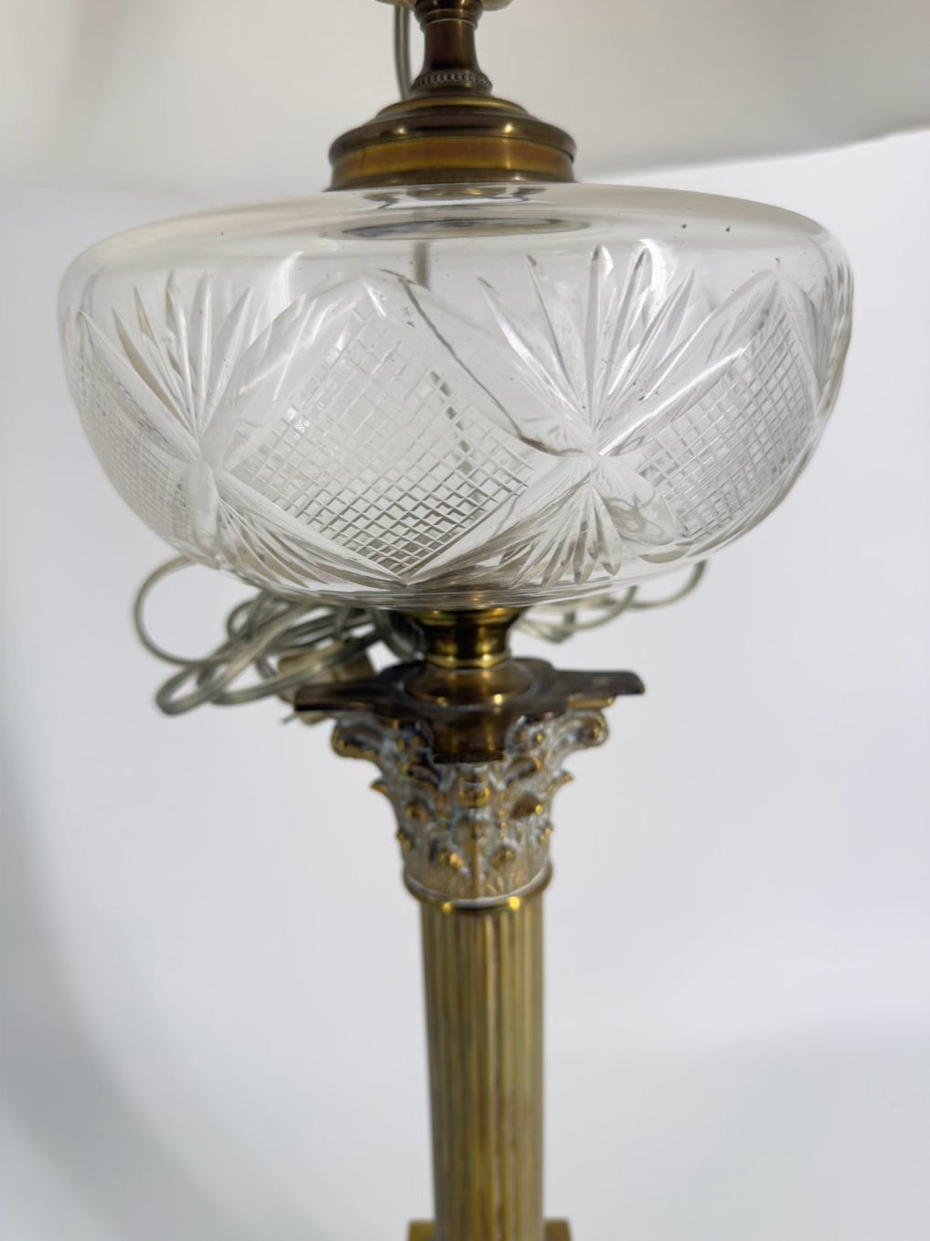 VINTAGE Glass & Brass Column Lamp w/ Shade