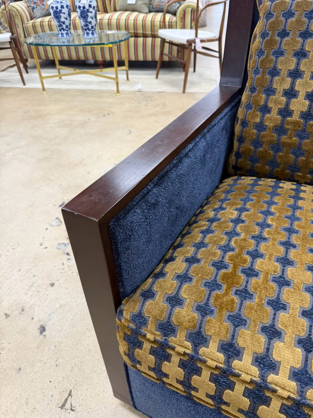 HICKORY WHITE Blue & Gold Leather & Fabric Swivel Chair