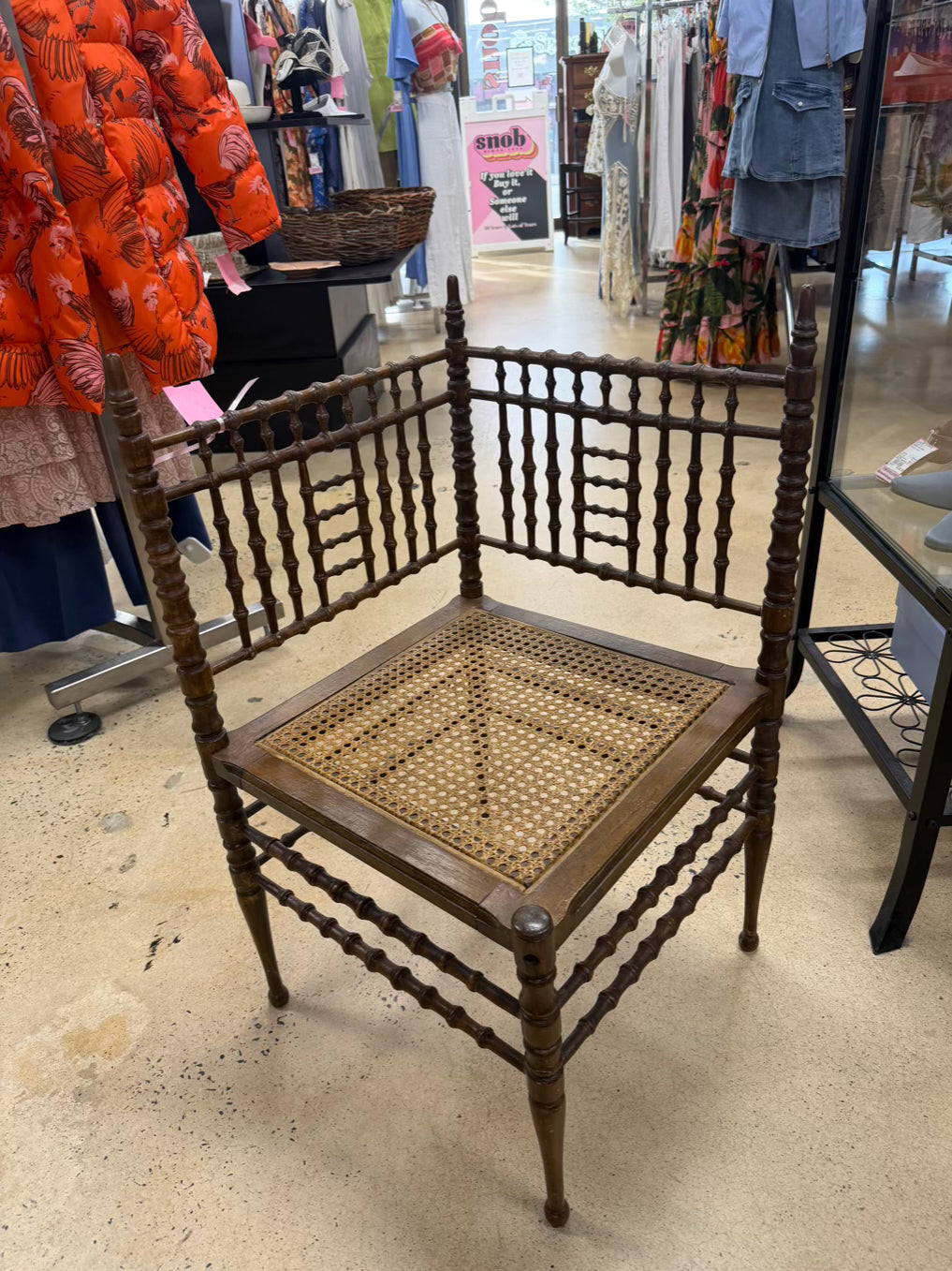 ANTIQUE  Wood Corner Spindle Chair w/ Cane Bottom