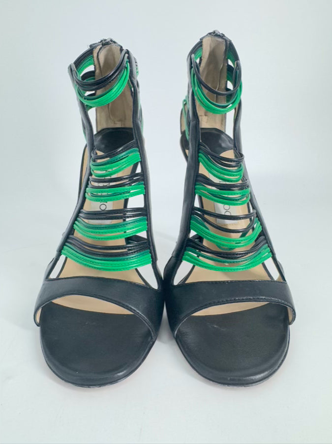 JIMMY CHOO Size 37.5 Green & Black Leather Strappy Pumps