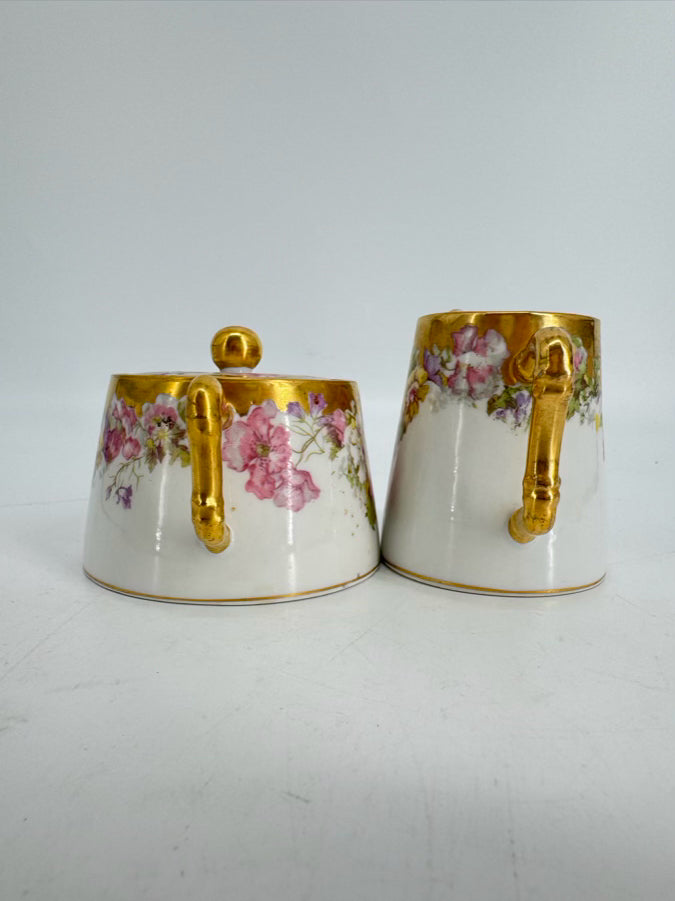 LIMOGES Pink, Purple & Gold Floral Porcelain Cream & Sugar
