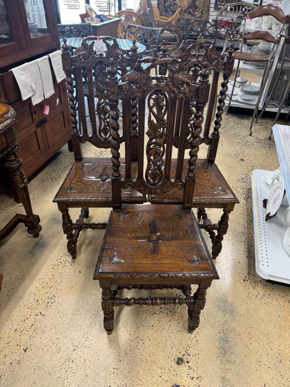 Carved Oak English Set of 3 Chairs