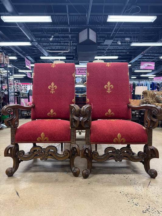 Red & Gold Fleur de Lis Jacobean Pair of Chairs