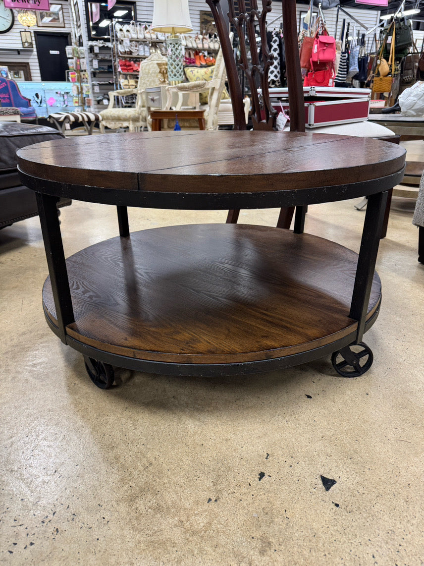 Wood & Metal Round Industrial Coffee Table on Wheels