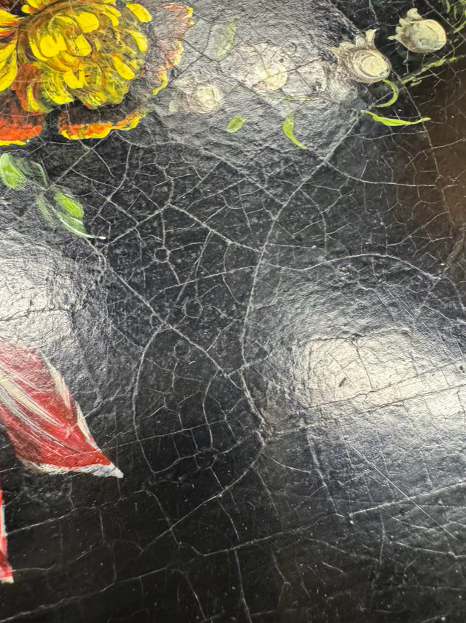 VINTAGE Wood Painted Black Flowers Coffee Table w/ Removable Tray