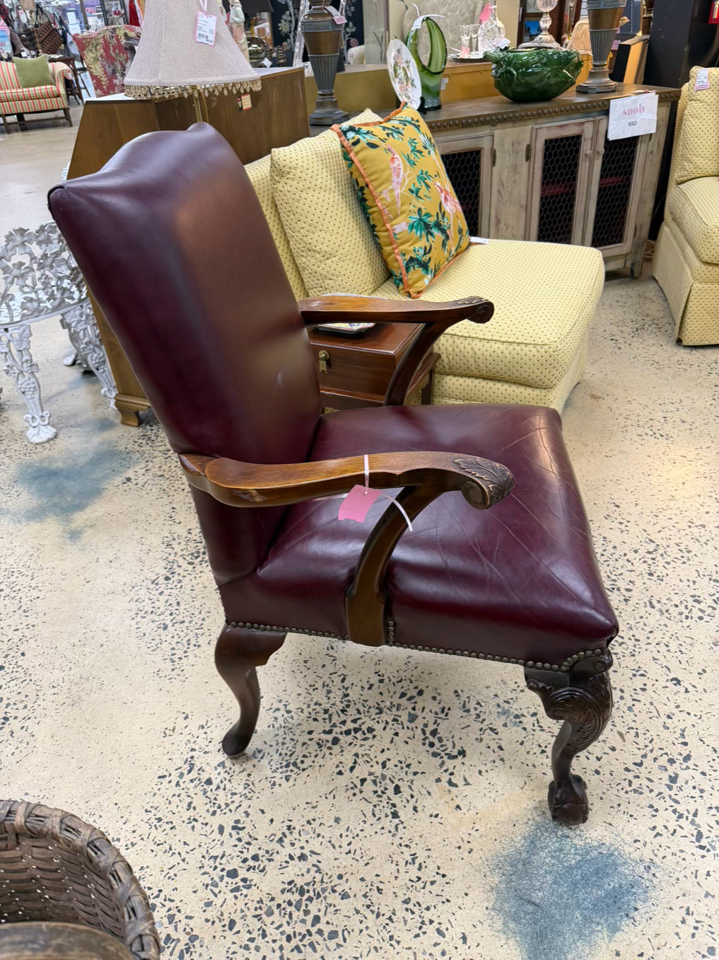 VINTAGE Red Queen Ann Wood Chair w/ Leather Upholstery