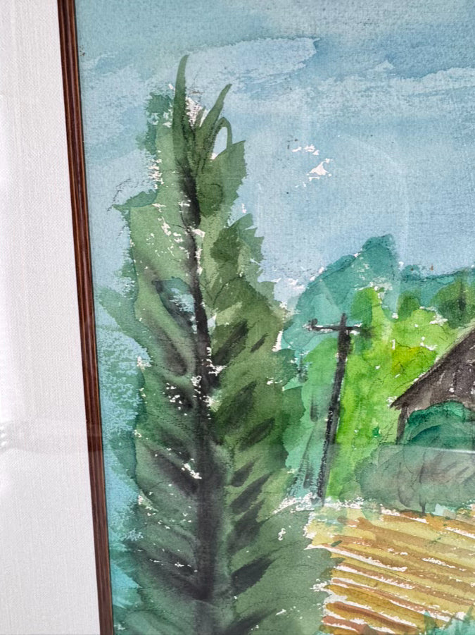 SIGNED Barn w/ Mountain View Watercolor in Burlwood Frame