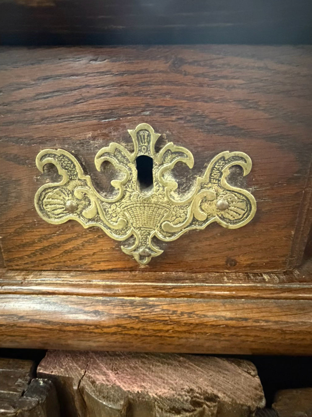 ANTIQUE Medium Dark Oak French Side Board w/ Large Brass Trim