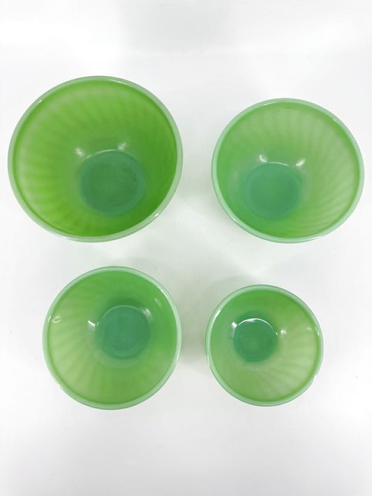 FIRE KING Green Glass Set of 4 Mixing Bowls