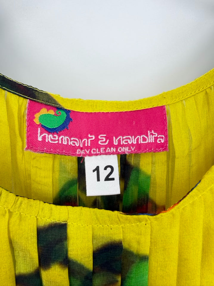 HEMANT & NANDITA Size 12 Yellow Pleated Maxi-Dress w/ Slip