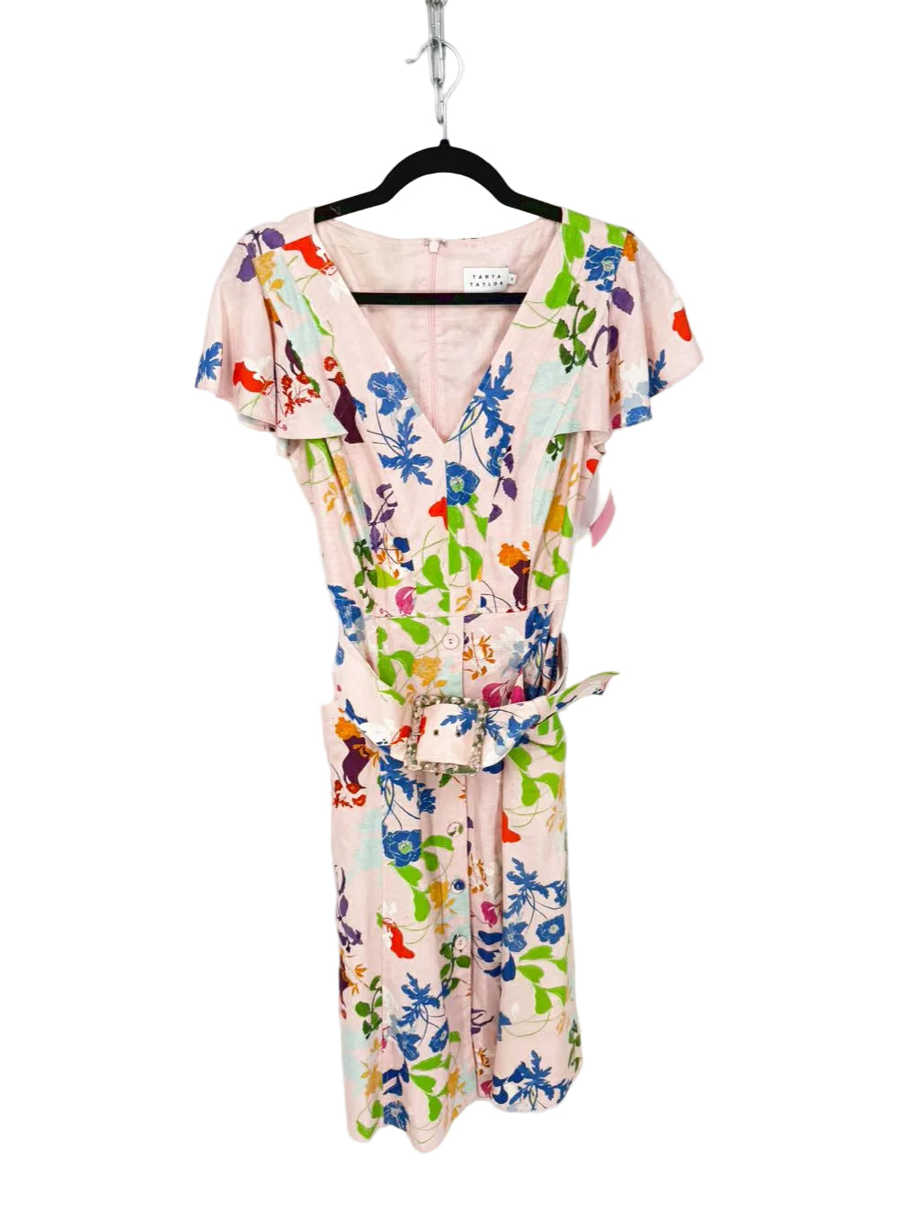 TANYA TAYLOR Size Wmn's 6 Peach Linen Blend Belted Floral Midi-Dress