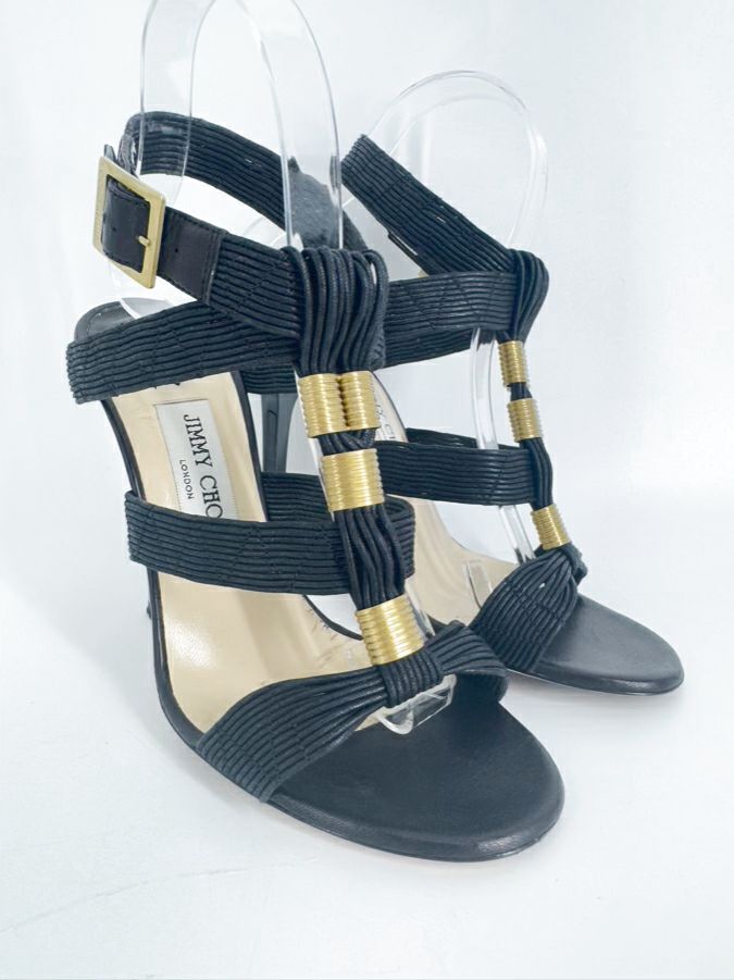 JIMMY CHOO Size 37.5 Black & Gold Leather Strappy Pumps