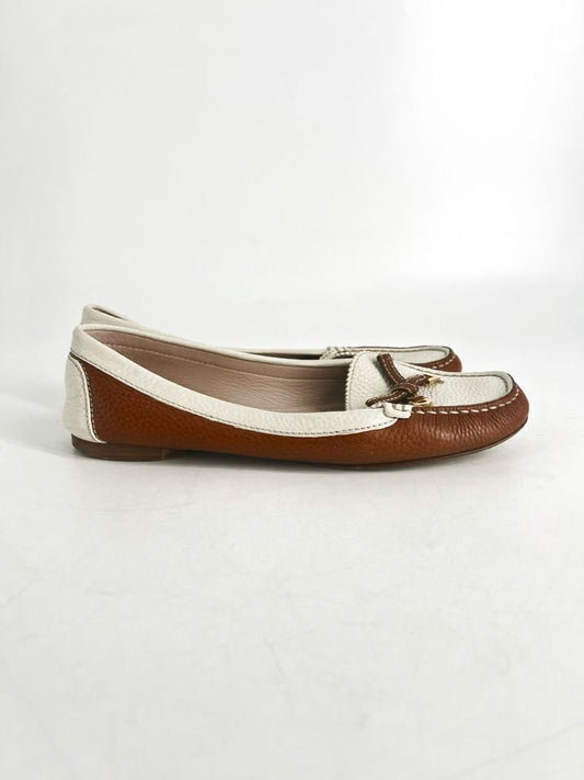 SALVATORE FERRAGAMO Size 8.5 Brown & White Leather Loafers