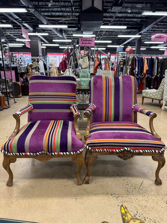 Purple & Orange Stripe Upholstered Queen Anne Ball & Claw Pair of Chairs