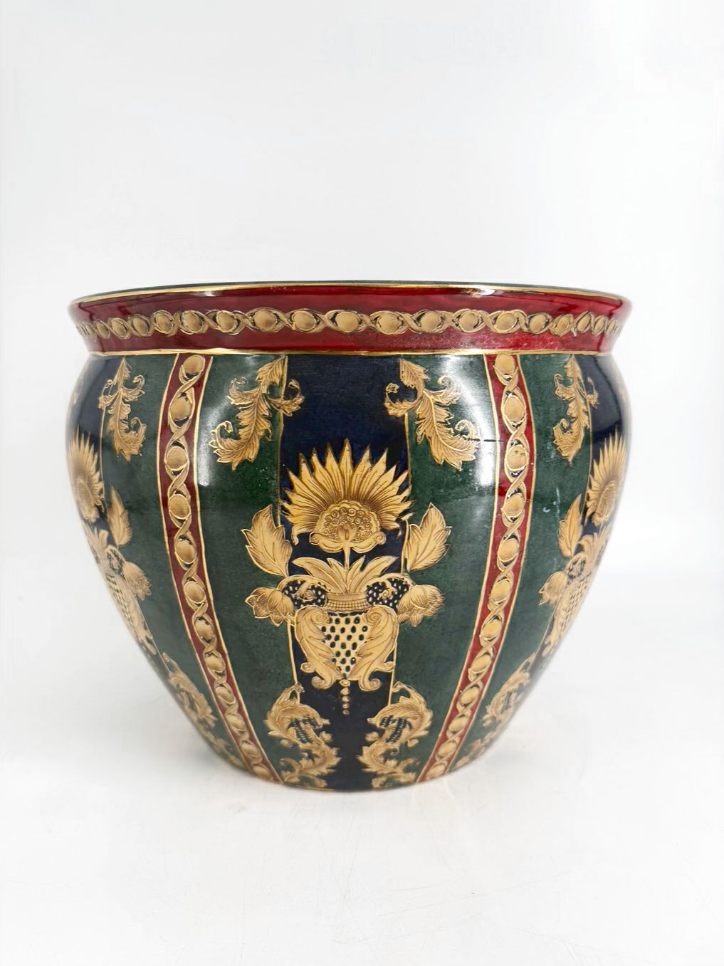 Green, White & Gold Porcelain Fish Bowl Oriental Planter