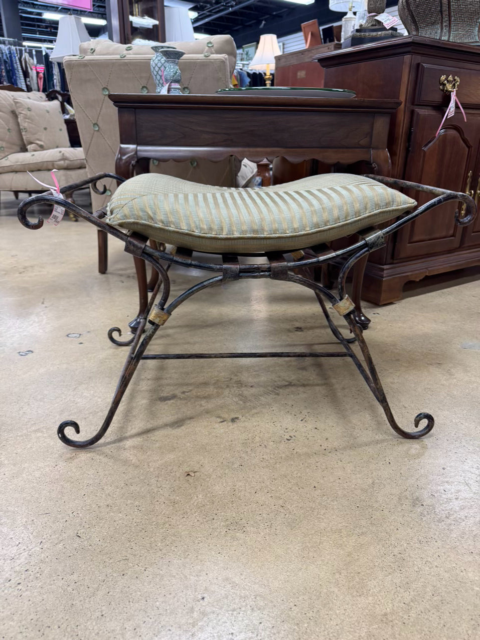 Metal Brushed Gold & Green Stripe Cushion Stool