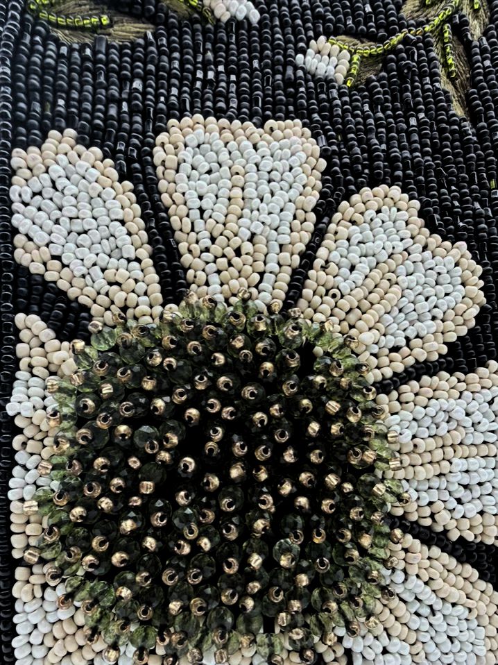 MARY FRANCES Sunshine & Daisies Black, White & Green Leather Beaded Floral Crossbody Bag