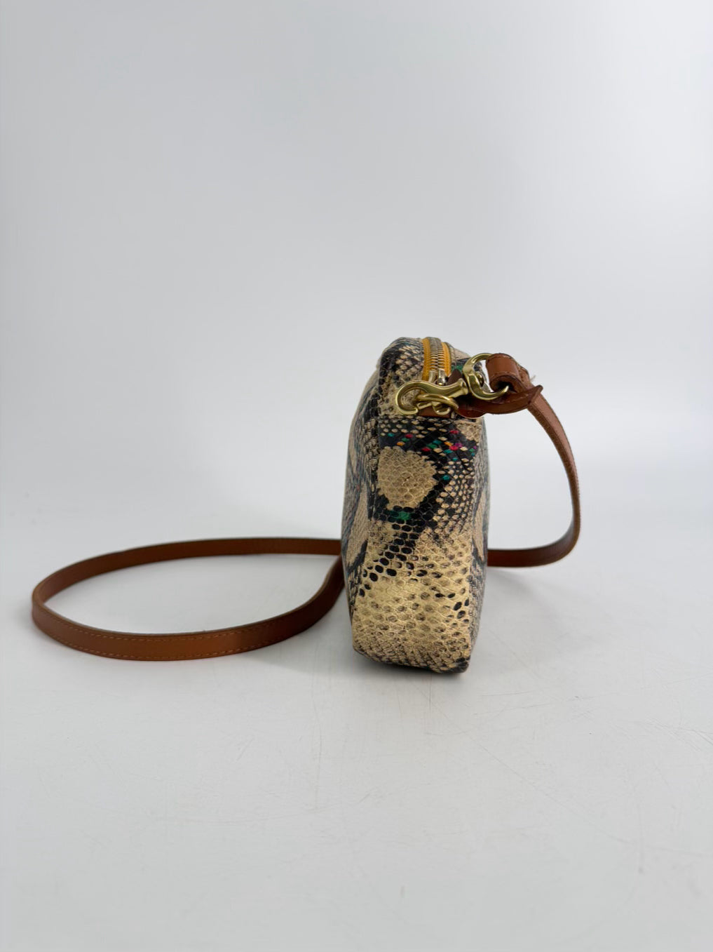CLARE V. Midi Sac Navy & Red Stripe Snake Embossed Leather Crossbody Bag