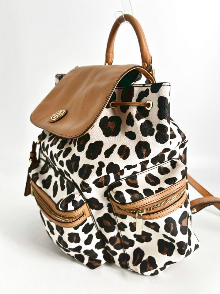 TORY BURCH White & Brown Animal Print Leather Backpack