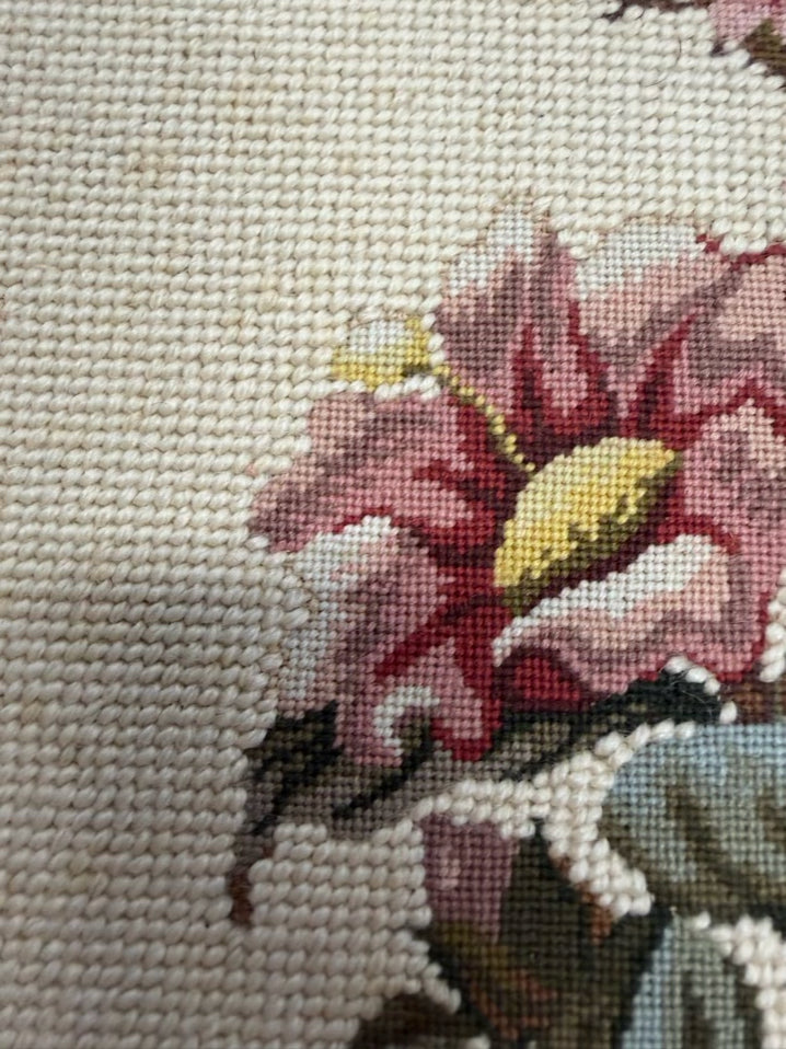 VINTAGE Queen Ann Foot Stool w/ Flowered Needlepoint